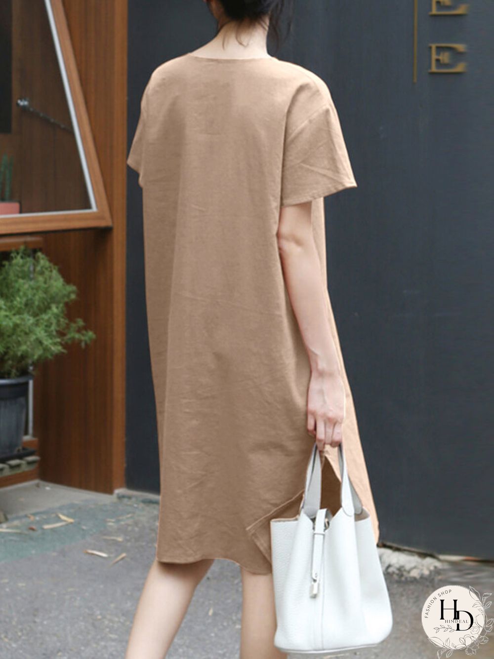 Solid Pocket Slit Hem V-neck Rolled Short Sleeve Dress