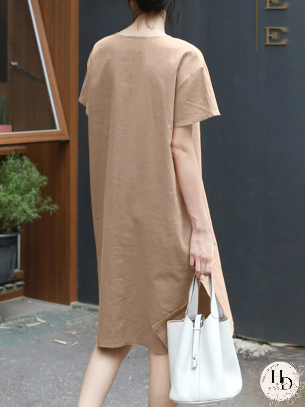 Solid Pocket Slit Hem V-neck Rolled Short Sleeve Dress