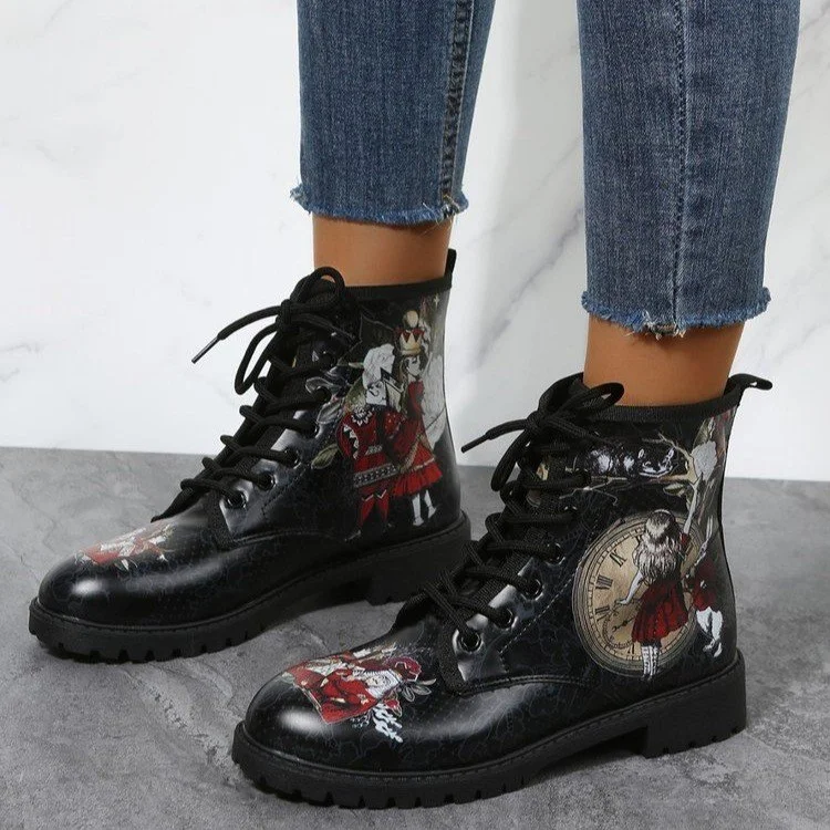 Qengg Women's Shoes Women's Winter 2021 Boots Shoes Women's Tooling Boots Skull and Flower Print High-top Boots 2022