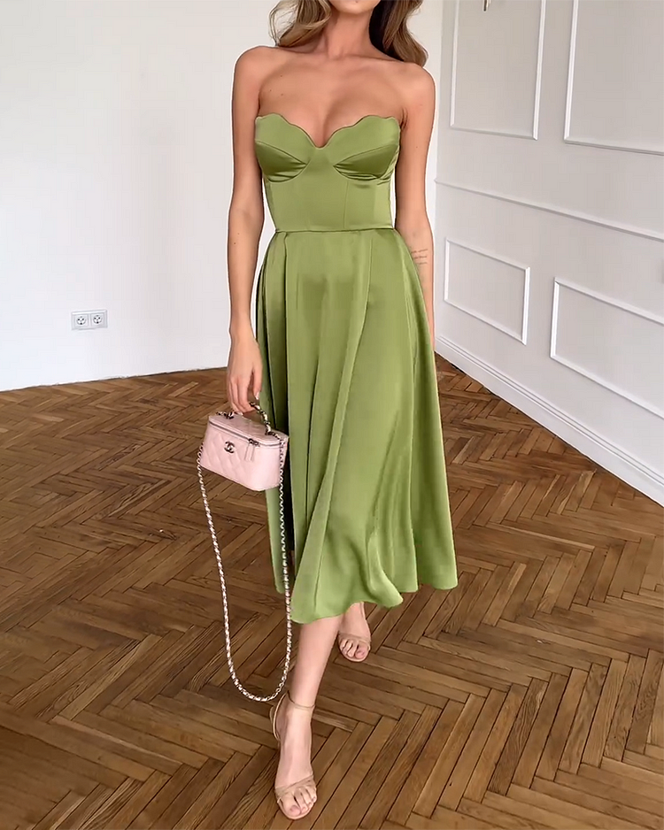 Strapless Pleated Solid Color Dress