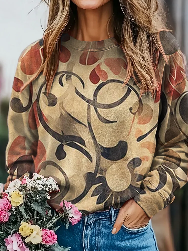 Women's Retro Ethnic Flower Print Casual Crew Neck Sweatshirt