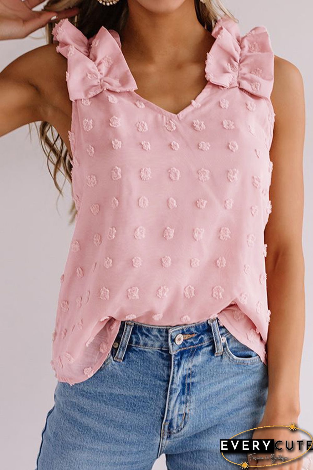 Pink Swiss Dot Woven Sleeveless Top With Ruffled Straps