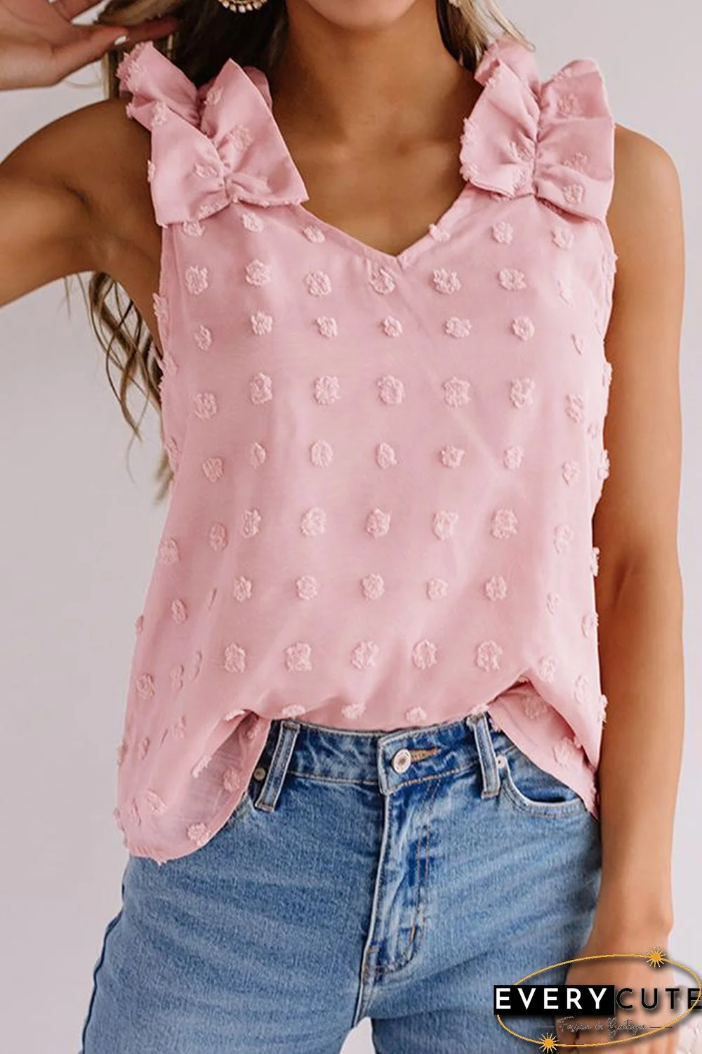 Pink Swiss Dot Woven Sleeveless Top With Ruffled Straps