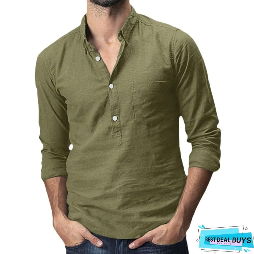 Men's Baggy Cotton Linen Solid Multi-Pocket Short Sleeve Turn-down Collar Shirts Linen