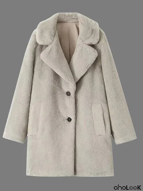 Faux Fur Button Up Lapel Neck Coat with Pocket