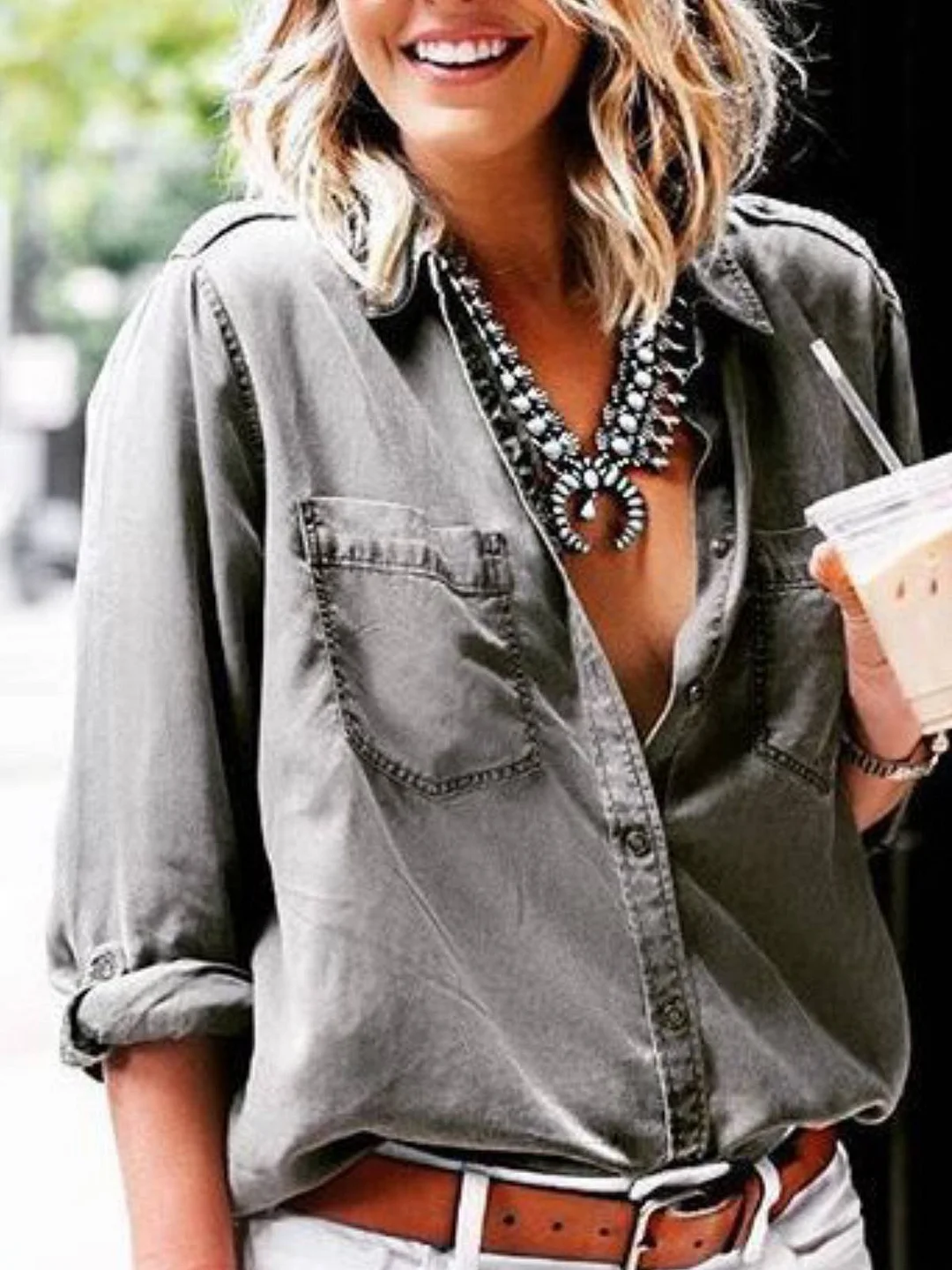 Gray Long Sleeve Cotton Shirt Collar Blouse