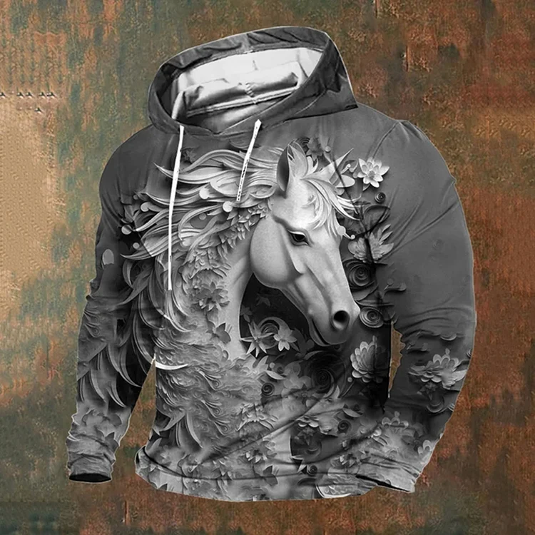 Wearshes Men'S Retro Casual Horse Print Hoodie