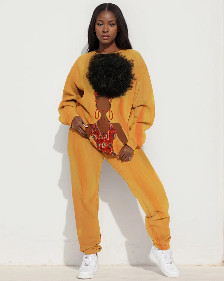 Women's Faceless Black Girl Illustration Print Crewneck Long Sleeve Sweatshirts Pants Suit