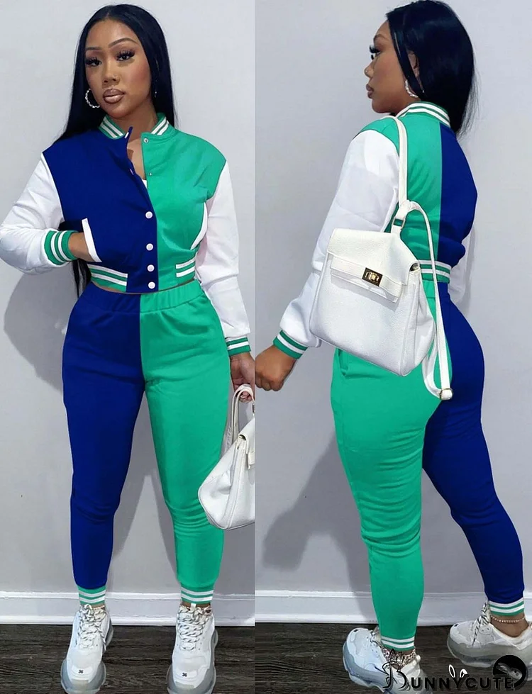 Winter Wholesale Sportswear Blue Contrast Button Open Long Sleeve Top And Pant Two Piece Set