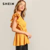 SHEIN Lady Yellow Sexy Pleated Ruffle Embellished Plunging V Neck Blouse Summer Sleeveless Glamorous Peplum Womens Tops