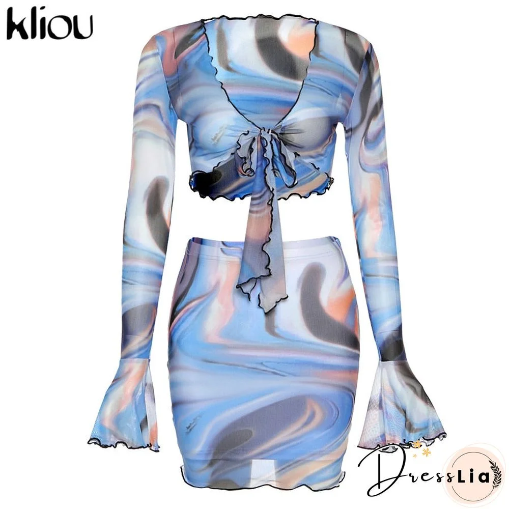 Kliou Bow Lace Print Sheath Sexy Women Two Piece Sets Flare Sleeve V-Neck Hot Female Mesh Ruched Clubwear Outfits