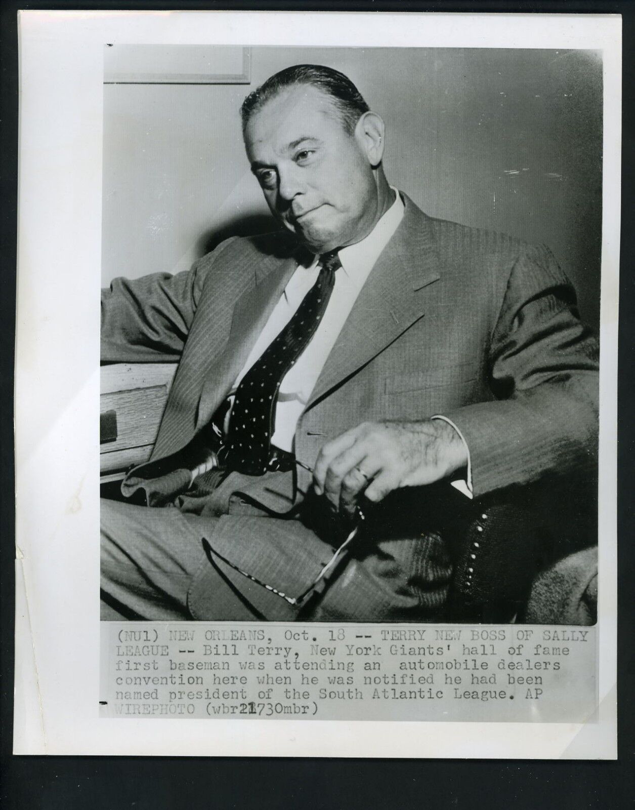 Bill Terry named president of South Atlantic League 1954 Press Photo Poster painting NY Giants