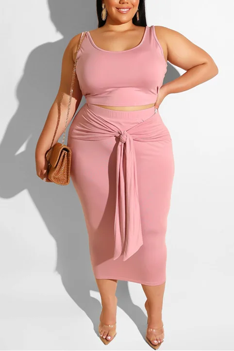 Pink Casual Straps Tight-Fitting Bag Hip Two-Piece Suit | EGEMISS