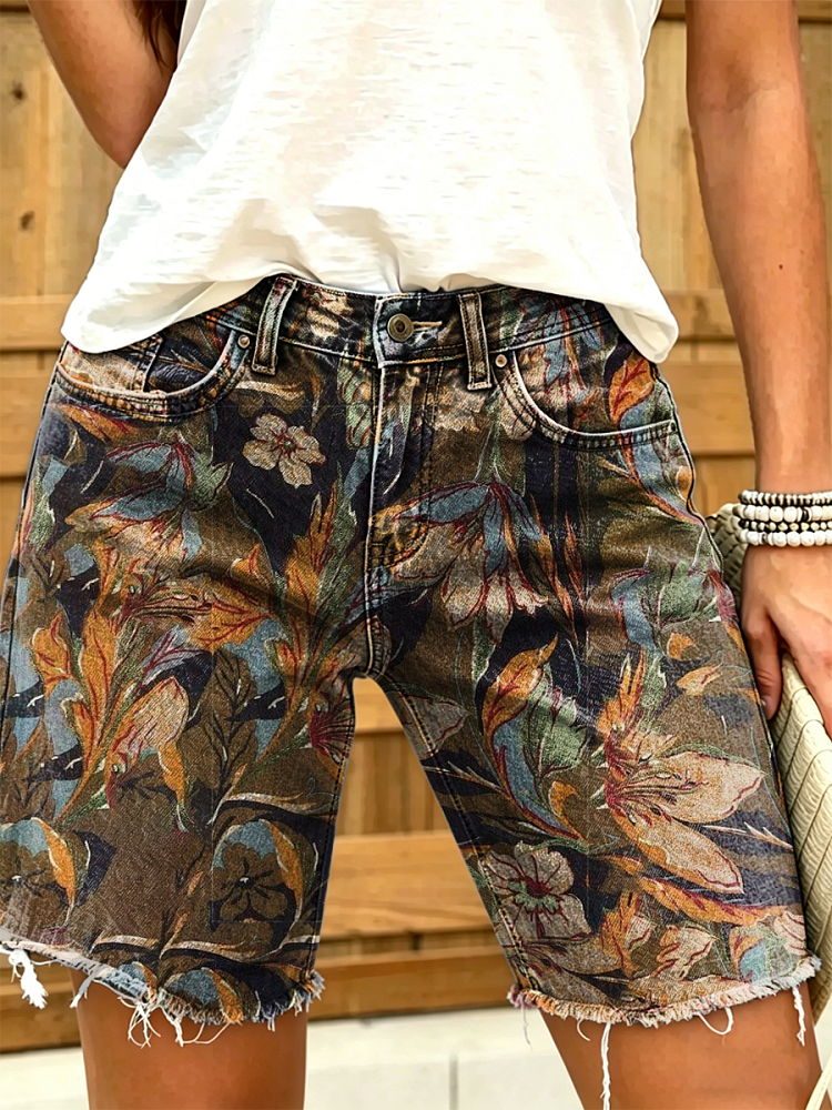 Women's Retro Ethnic Floral Art Print Casual Washed Cotton Denim Shorts
