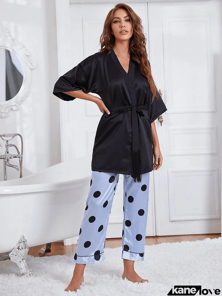 Cami, Robe, and Printed Pants Pajama Set