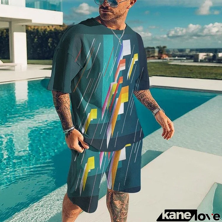 Men Fashion Round Neck Large Size Loose Printed Short-Sleeved T-Shirt And Shorts Two-Piece Set