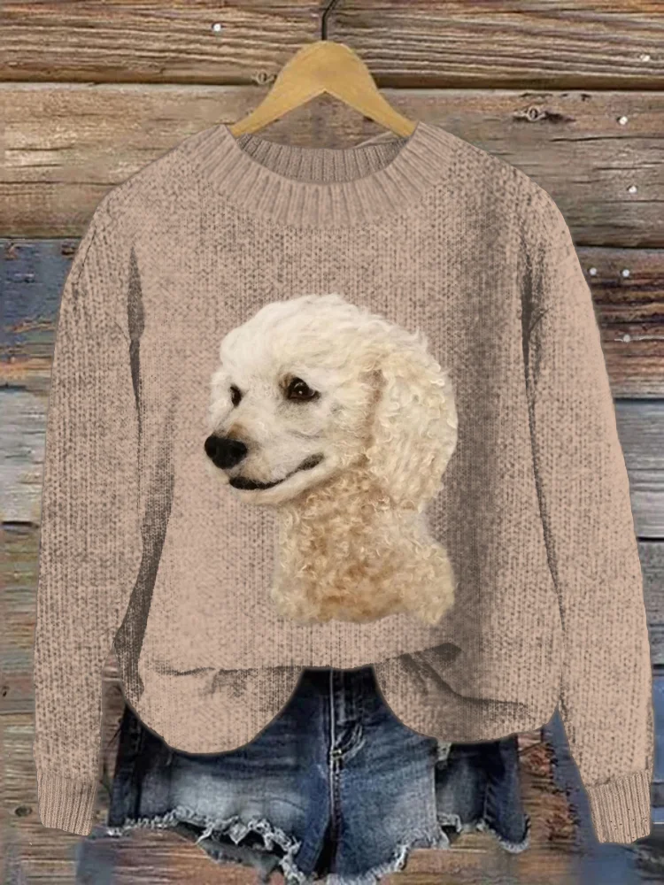 VChics Poodle Felt Art Crew Neck Sweater