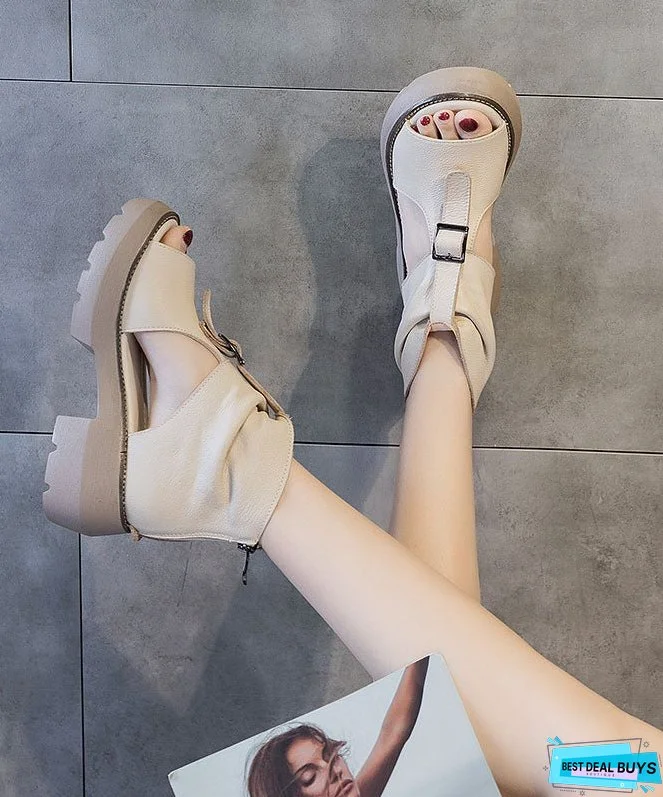 Casual Hollow Out Wedge Sandals Brown Cowhide Leather Platform Chunky High Heels