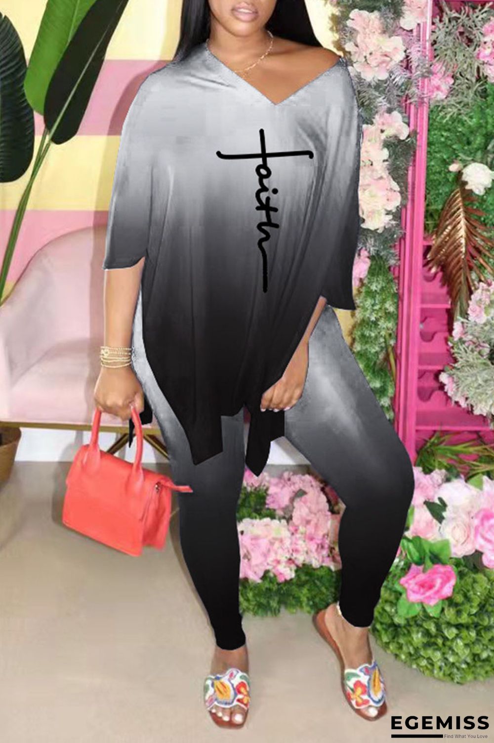 Black Casual Gradual Change Print Patchwork Slit V Neck Half Sleeve Two Pieces | EGEMISS