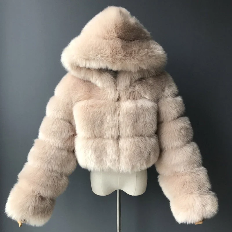 Faux Fur Coats Winter Warm Cropped Fluffy Jacket Coat Parkas Women Oversize Outerwear Ladies Female Soft with Hooded Coats