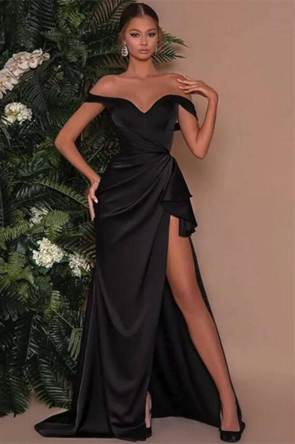 Luluslly Black Off-the-Shoulder Prom Dress Mermaid Split Long