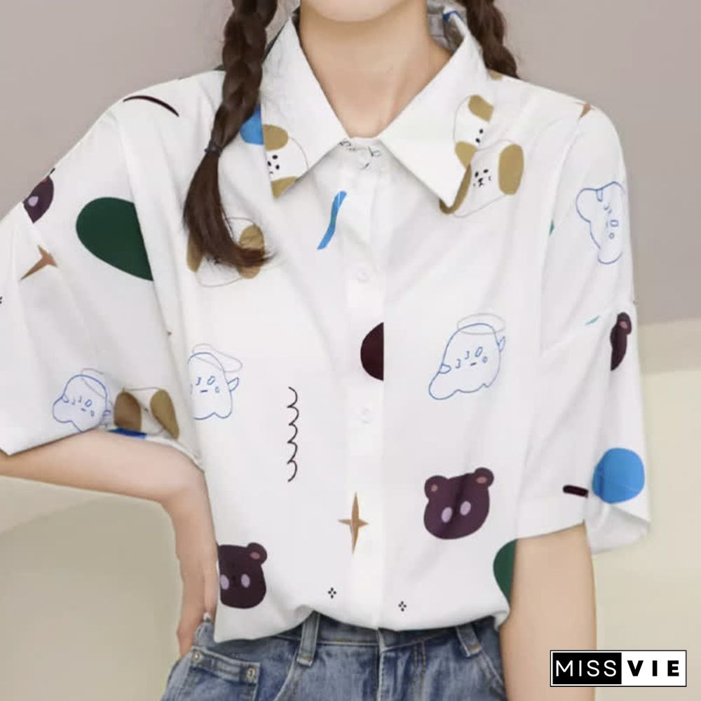 Cartoon Bear Print Lapel Casual T-Shirt