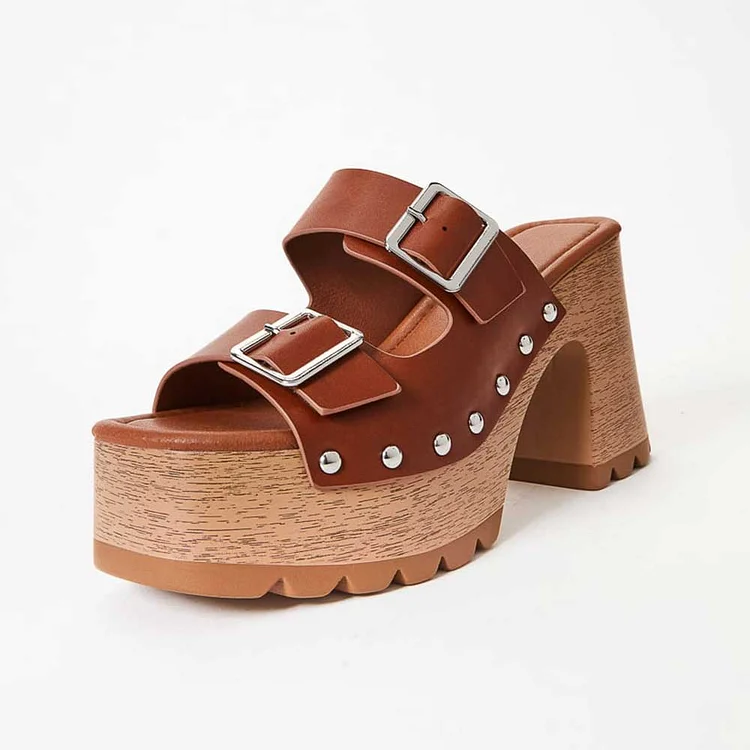 Brown Square Toe Buckles and Studs Chunky Heel Platform Mules Sandals |FSJ Shoes