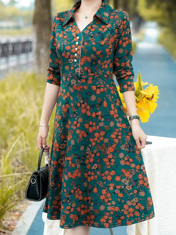 Long Sleeve Lapel Fashion Print Dress