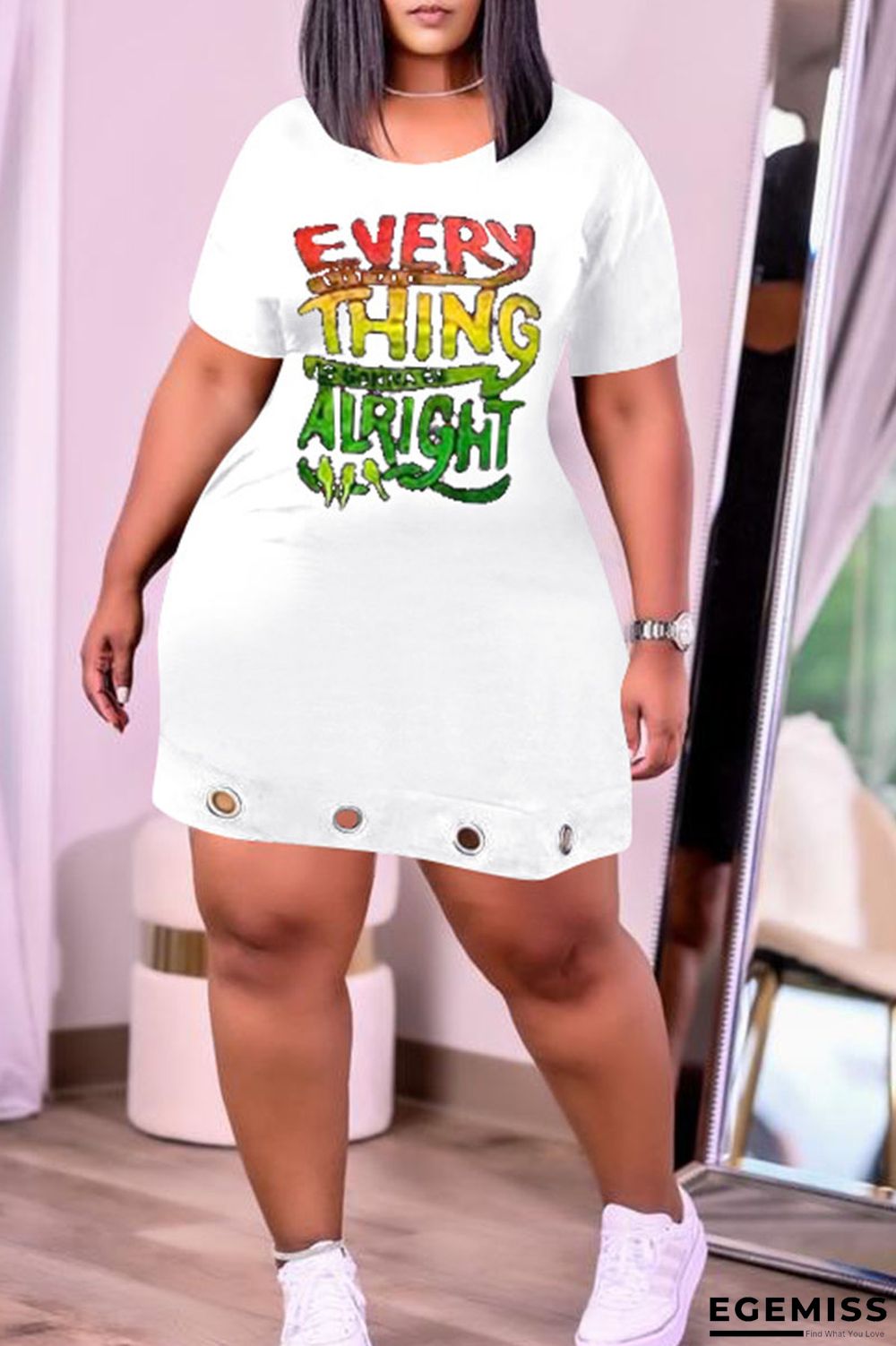 White Casual Print Hollowed Out Patchwork O Neck Straight Dresses | EGEMISS