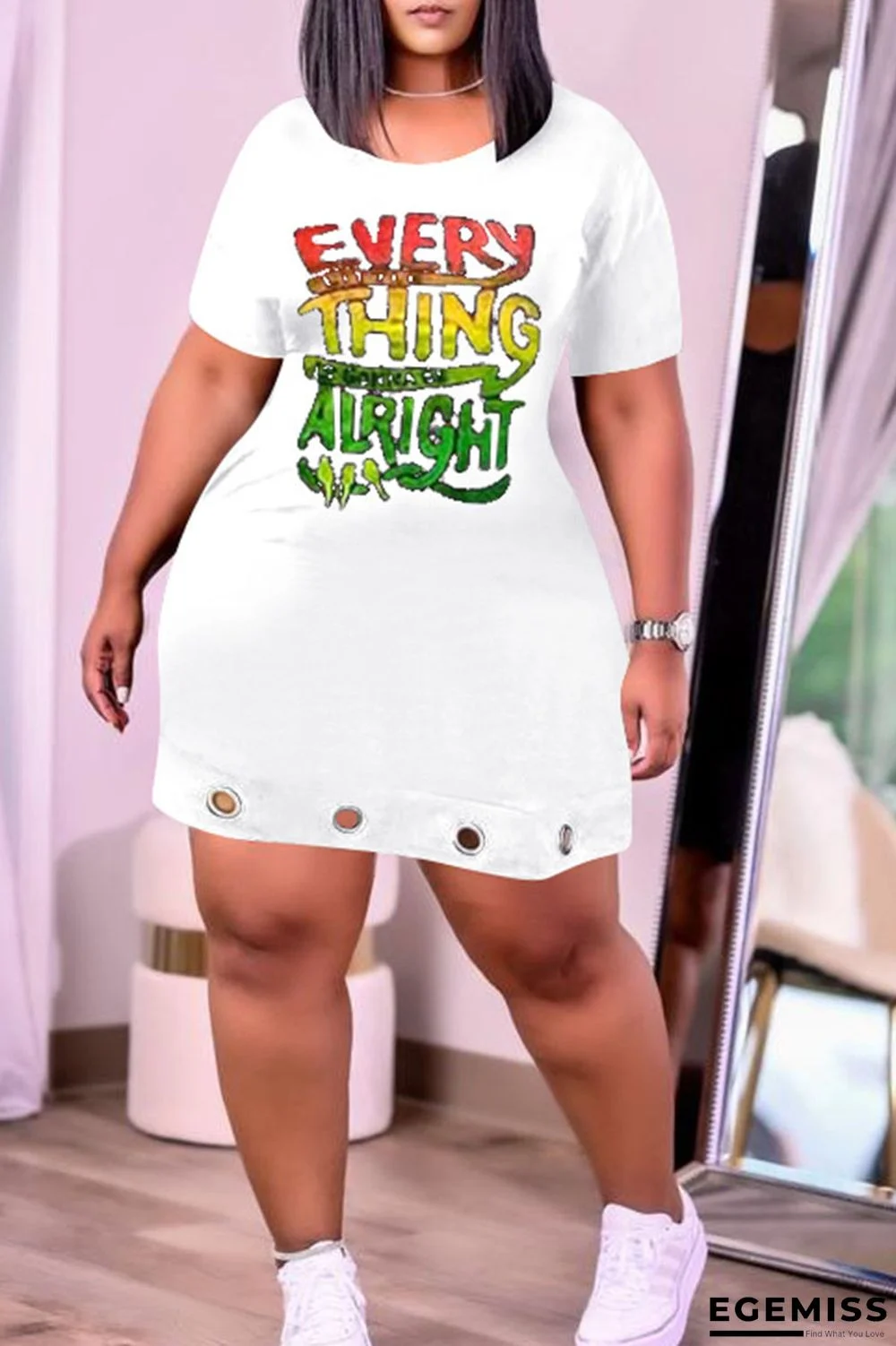 White Casual Print Hollowed Out Patchwork O Neck Straight Dresses | EGEMISS