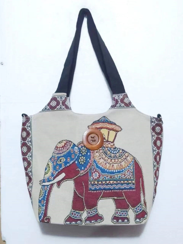 Women’s Large Canvas Elephant Ethnic Style Square Zipper Shoulder Bag