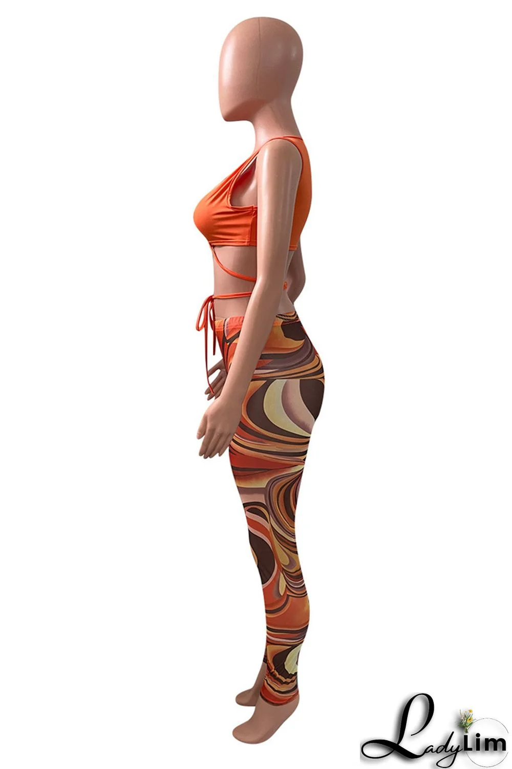 Orange Fashion Sexy Print Bandage V Neck Sleeveless Two Pieces
