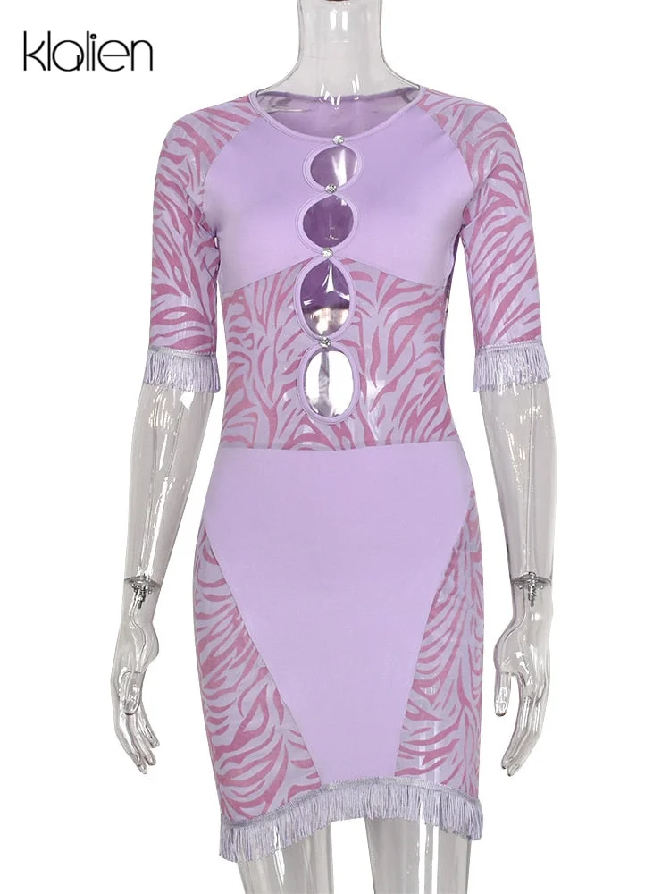 KLALIEN Cut Out Sexy Zebra Mesh Transparent Women's Mini Dress for Beach Holiday Night Club Party Bodycon Pencil Short Dresses