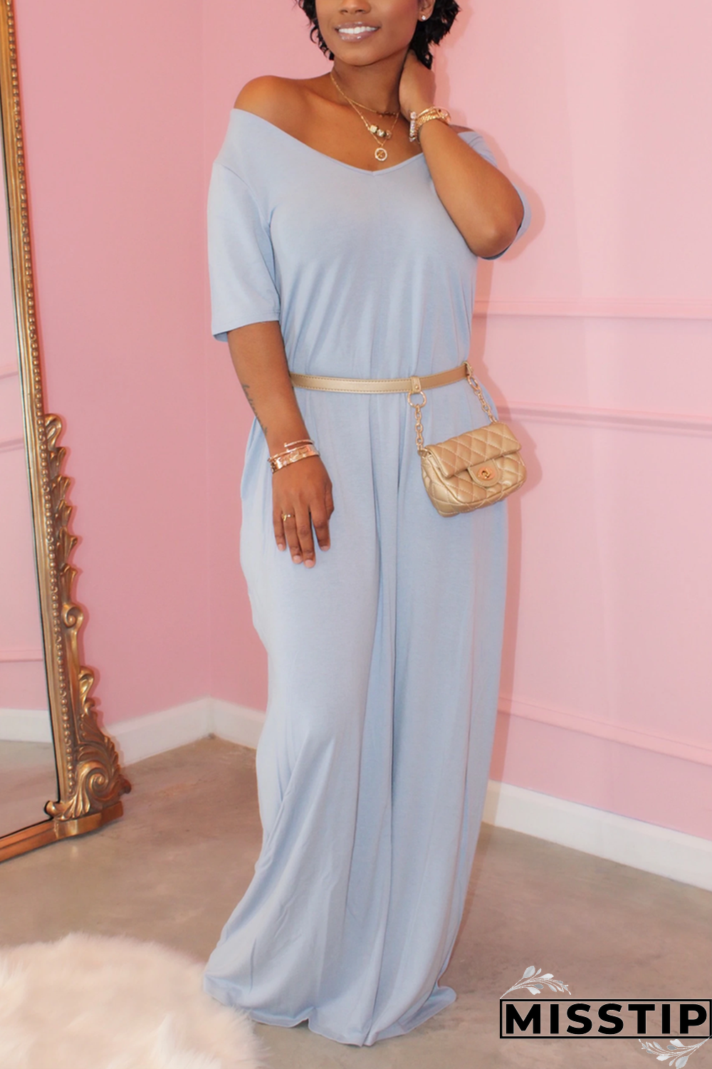 Light Blue Sexy Fashion Short Sleeve Dress