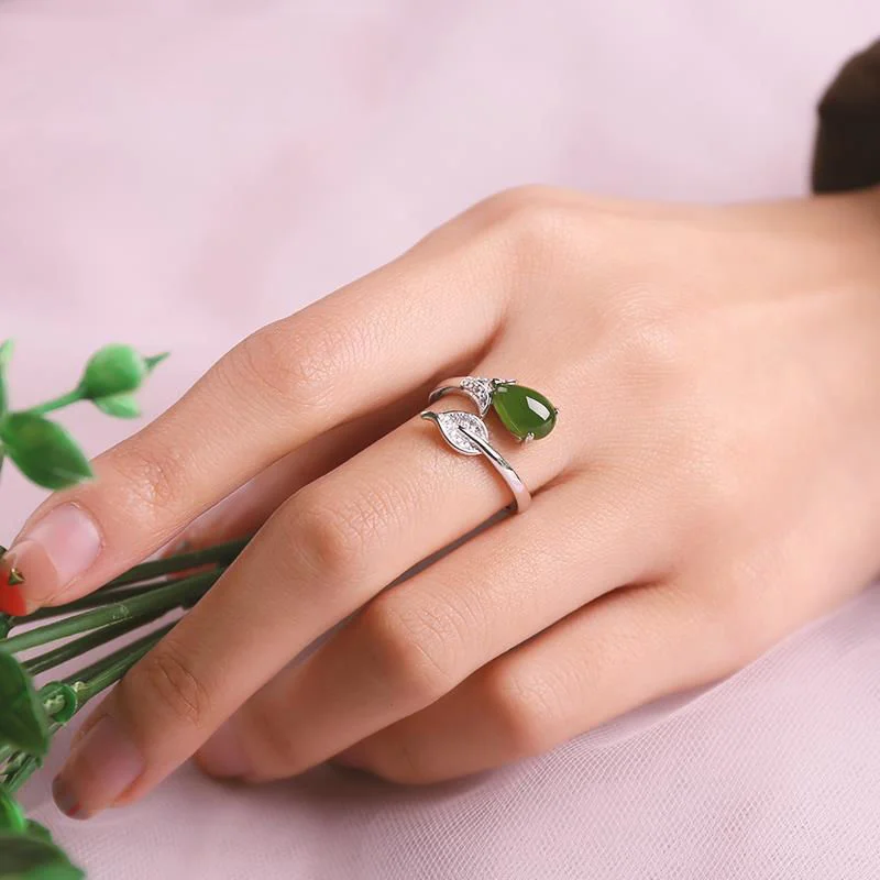 Natural Hetian Jade Ring for Women - S925 Silver Inlaid Nephrite Leaf & Water Drop Design, Adjustable Open Band, Elegant and Fashionable Gift
