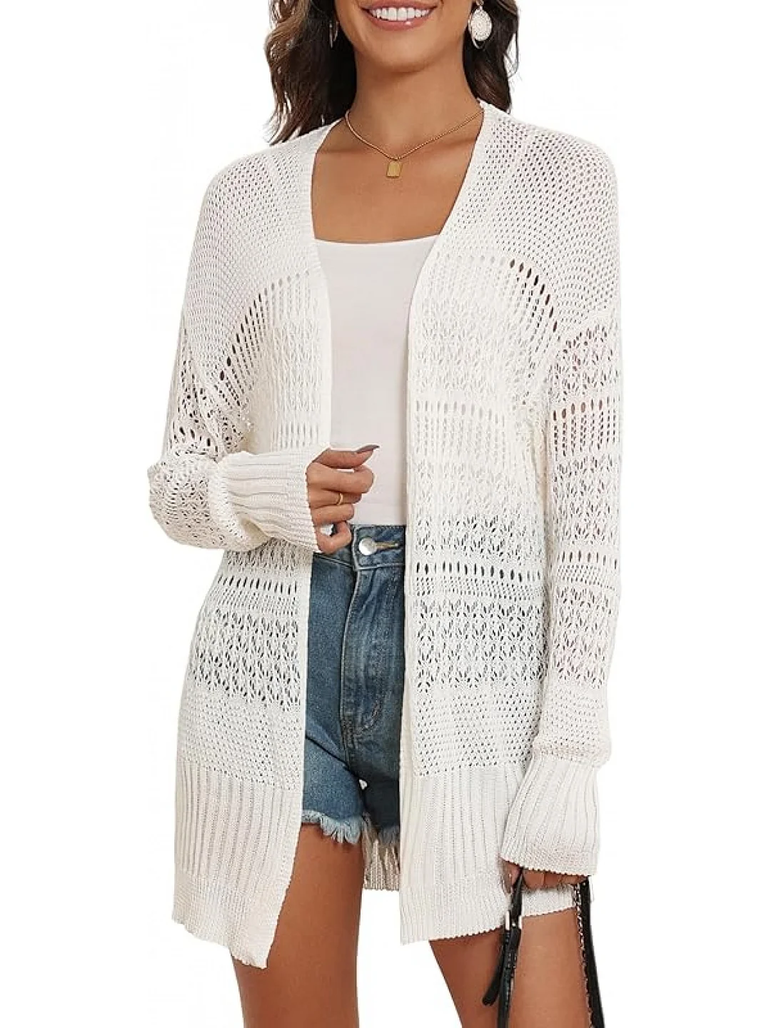Lightweight Womens Summer Cardigans | Long Sleeve Crochet Sweater Kimonos Open Front Shrug Cover U | IFYHOME