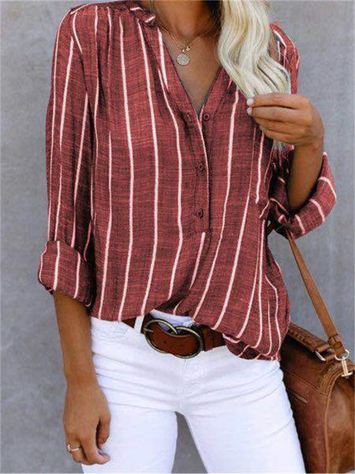Simple Fashion Print Striped Shirt Straight-type Stand-up Collar Cardigan Long-sleeved Female Comfortable Casual Style