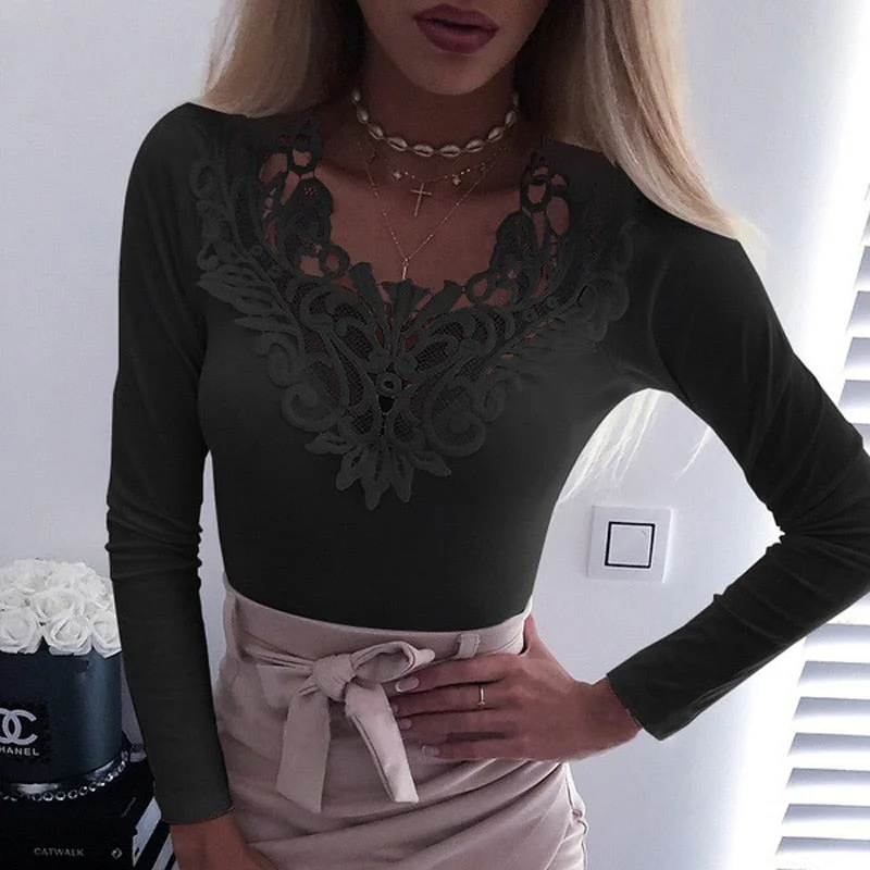 Elegant Sexy V Neck Backless Slim Blusa Tops 2020 Spring Lace Hollow Out Blouses Shirt Women Autumn Solid Long Sleeve Blouse 5XL