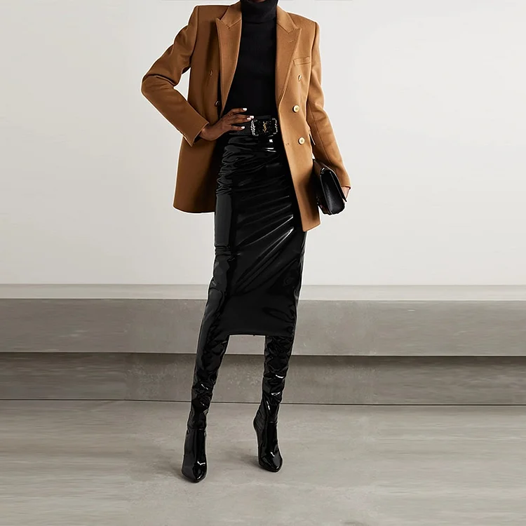 Sexy Latex Slim Lady High Waist Midi Leather Skirt 