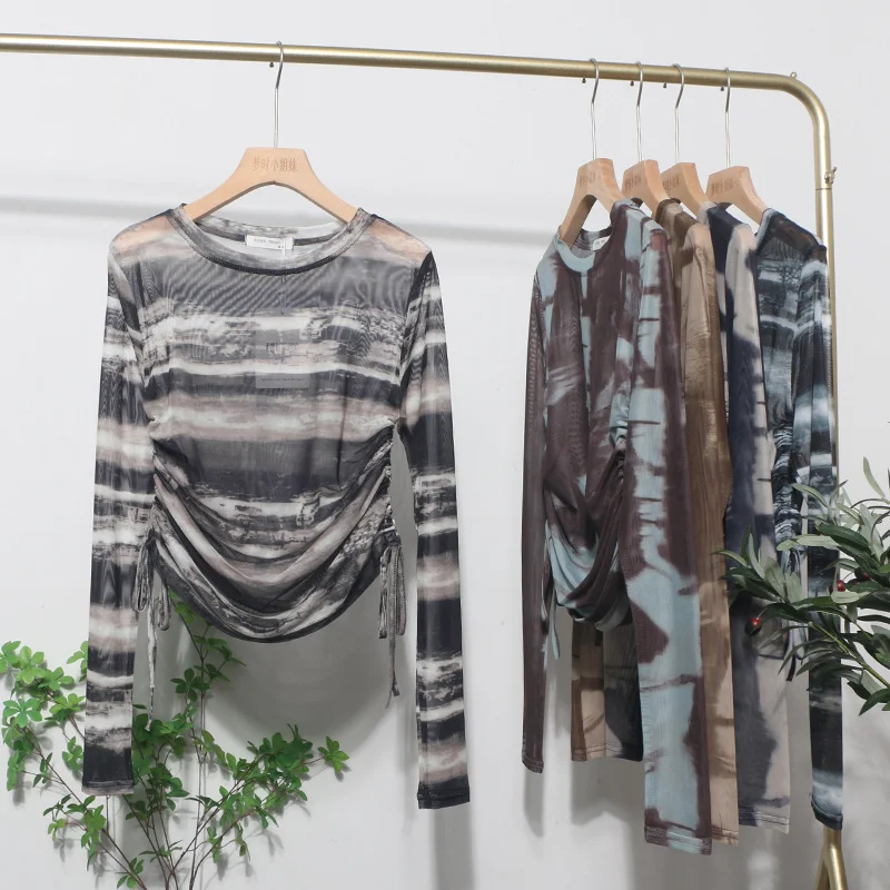 Uveng Round Collar Tie-Dye-Print Slim Long-Sleeved T-Shirt T-Shirt T-Shirt With Sunscreen 8159