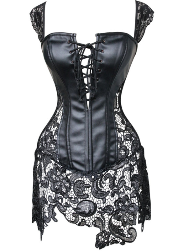 Gothic Dark Sexy Lace See through Bandaged Plunging neck Cutout Zipper Leather Frill Sleeve Lingerie