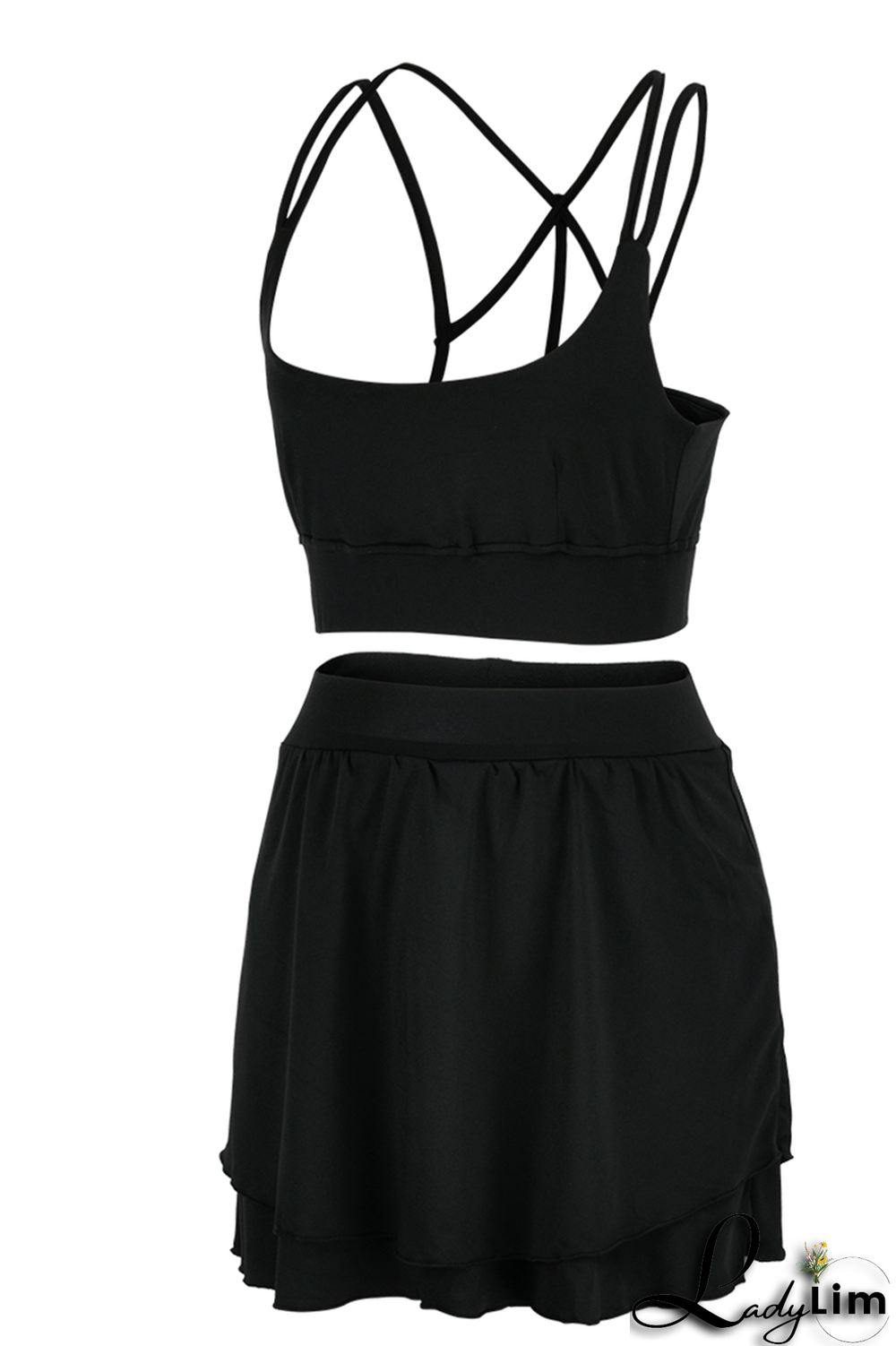 White Fashion Sportswear Solid Split Joint Spaghetti Strap Sleeveless Two Pieces