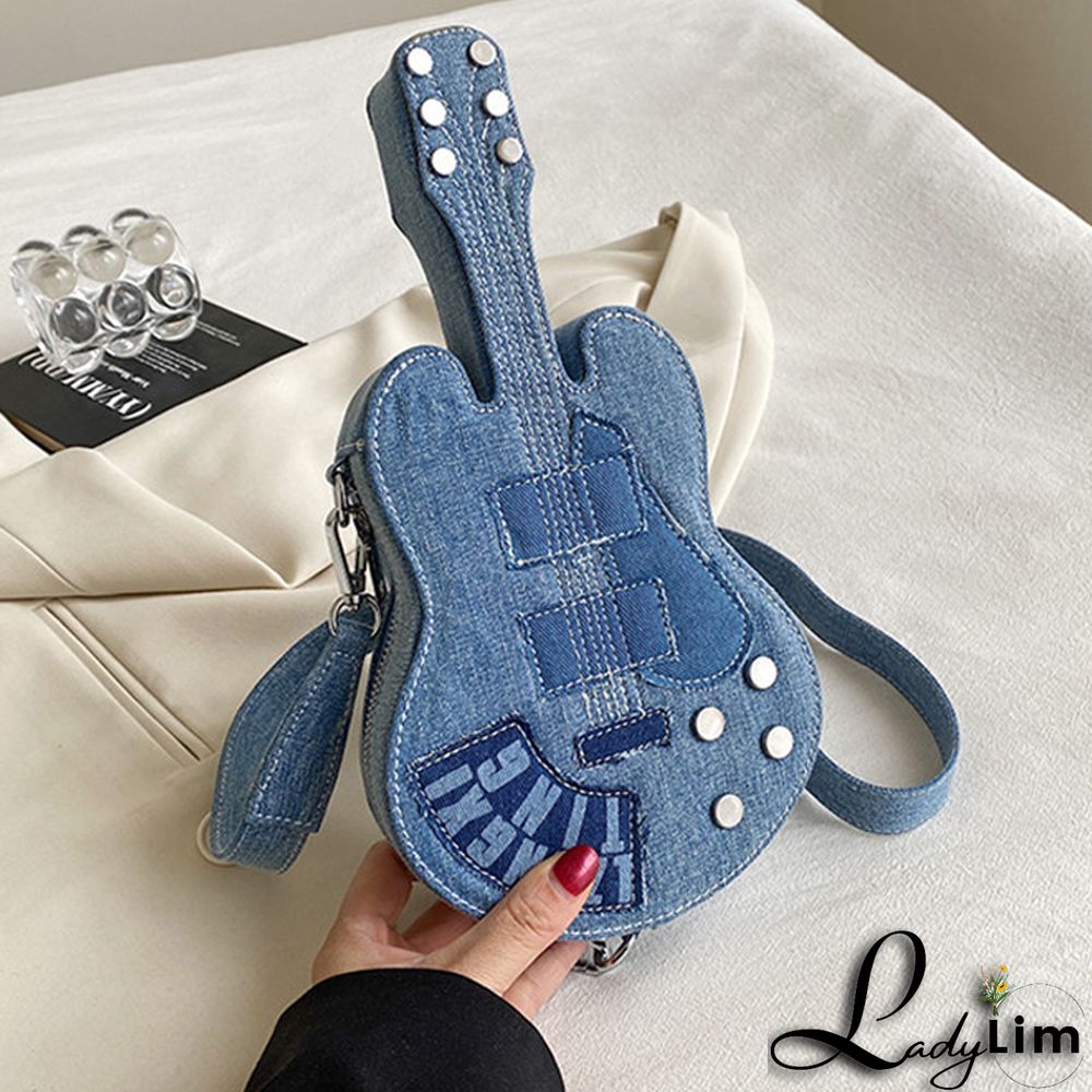 Blue Casual Patchwork Zipper Violin Messenger Bag