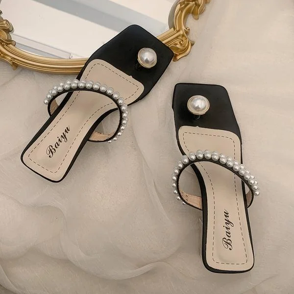 Qjong Med Slippers Casual Slides Women Heels Pantofle String Bead Luxury High 2022 Rubber Pumps Rome Retro PU Fashion Hoof