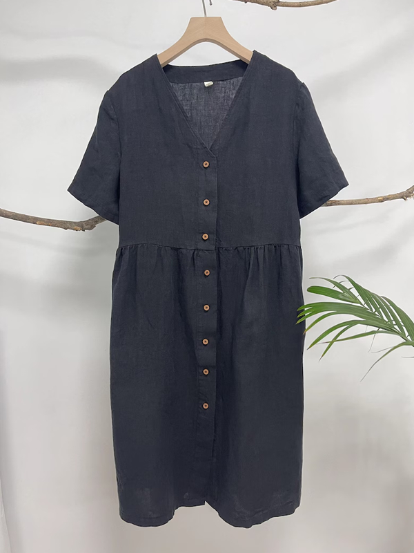 Solid Color Cotton and Linen Simple Women's Shirt Dress tjj Shicloths