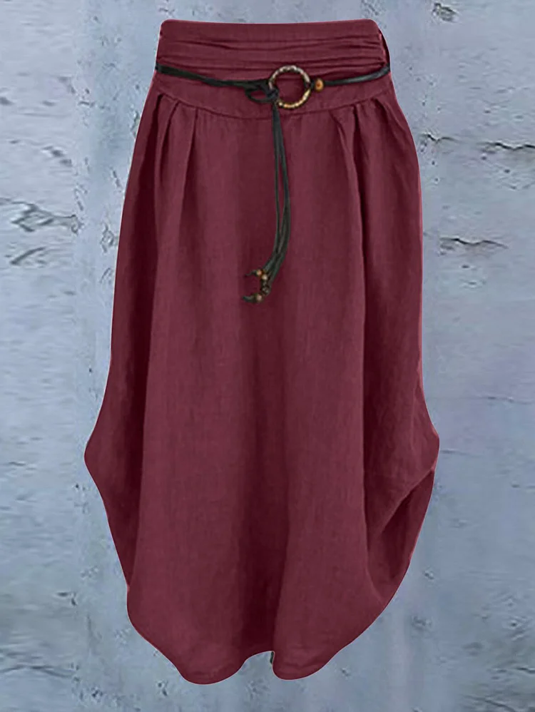 Casual Solid Color Irregular Hem Belt Midi Skirt