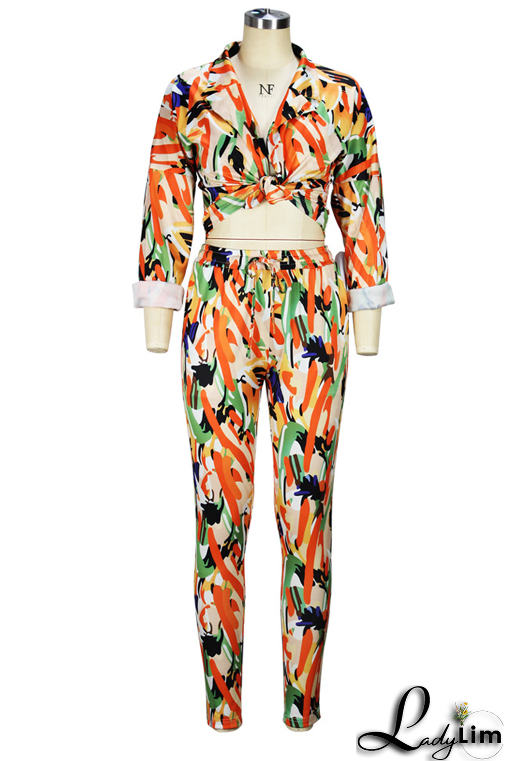 Orange Fashion Print Patchwork Turndown Collar Long Sleeve Two Pieces