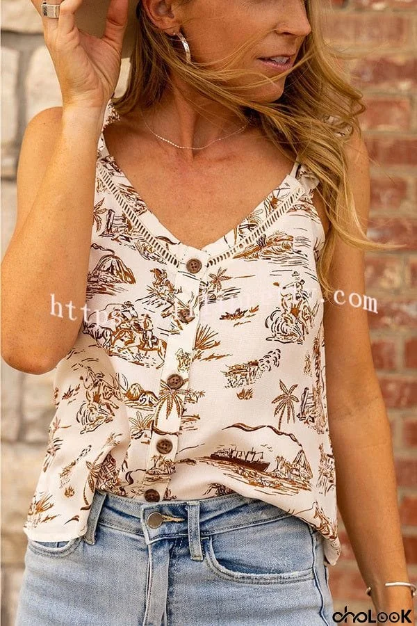 V Neck Button Down Animal Print Tank Top