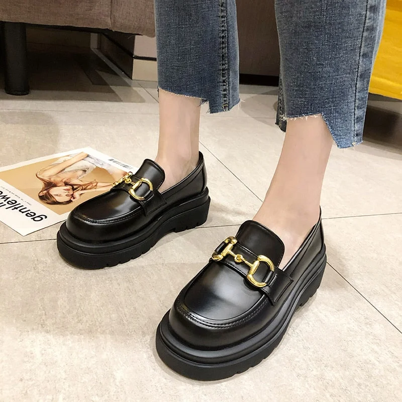 Flats Leather Casual Shoes Metal Buckle Platform for Women 2021 Oxfords Women's Loafers Genuine Moccasins Slip-on Autumn