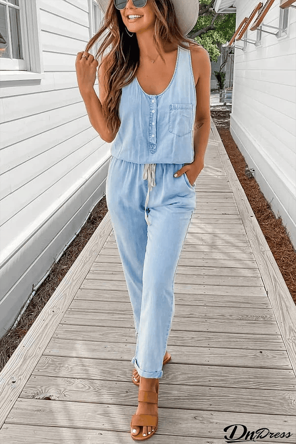 New Ideas Pocketed Denim Jumpsuit